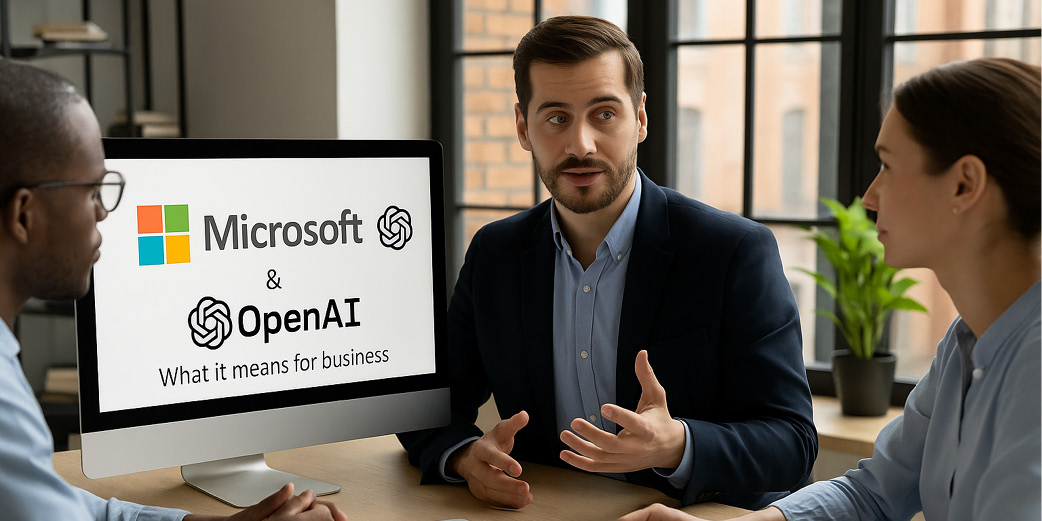 Drei IT-Fachkräfte diskutieren im Büro über die Zusammenarbeit von Microsoft und OpenAI, auf einem Bildschirm sind die Logos beider Unternehmen zu sehen – Symbolbild für KI-Strategie und Digitalisierung in Unternehmen.