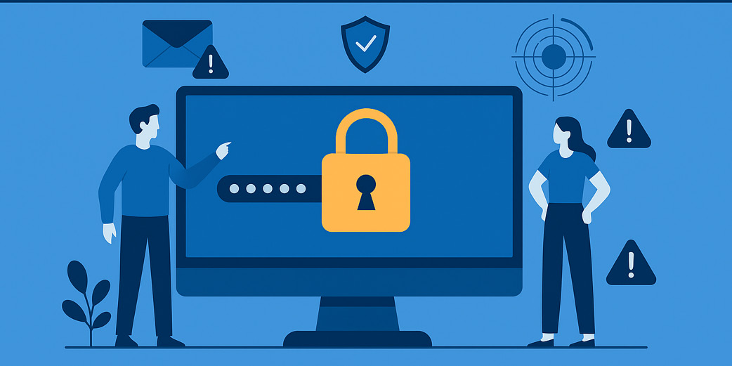 Zwei Mitarbeitende stehen vor einem Monitor mit einem großen Vorhängeschloss-Symbol – Symbolbild für IT-Sicherheit und Mitarbeitersensibilisierung im Unternehmen.