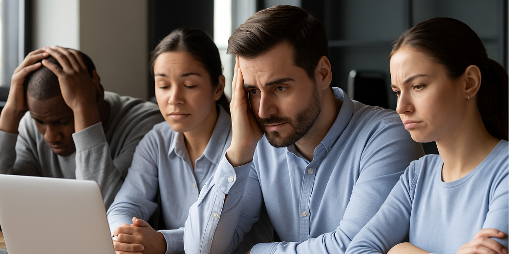 Zwei Personen diskutieren über IT-Sicherheitsstrategien vor einem großen Schild-Symbol mit Haken – Symbol für Cybersicherheit, Awareness und Technologie in KMU.
