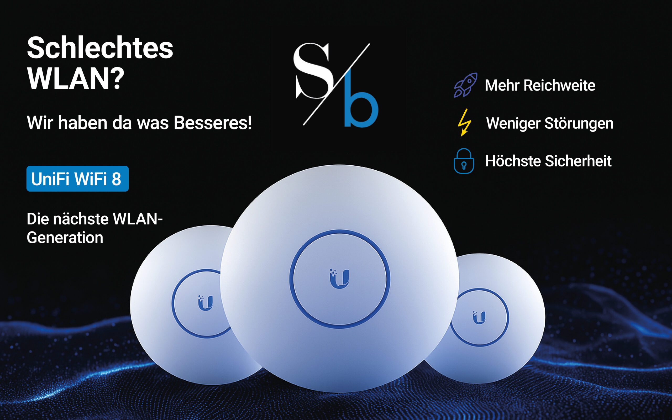 Drei UniFi Access Points auf einer digitalen blauen Wellenfläche – Symbolbild für modernes WLAN, hohe Reichweite und sichere Netzwerktechnik.