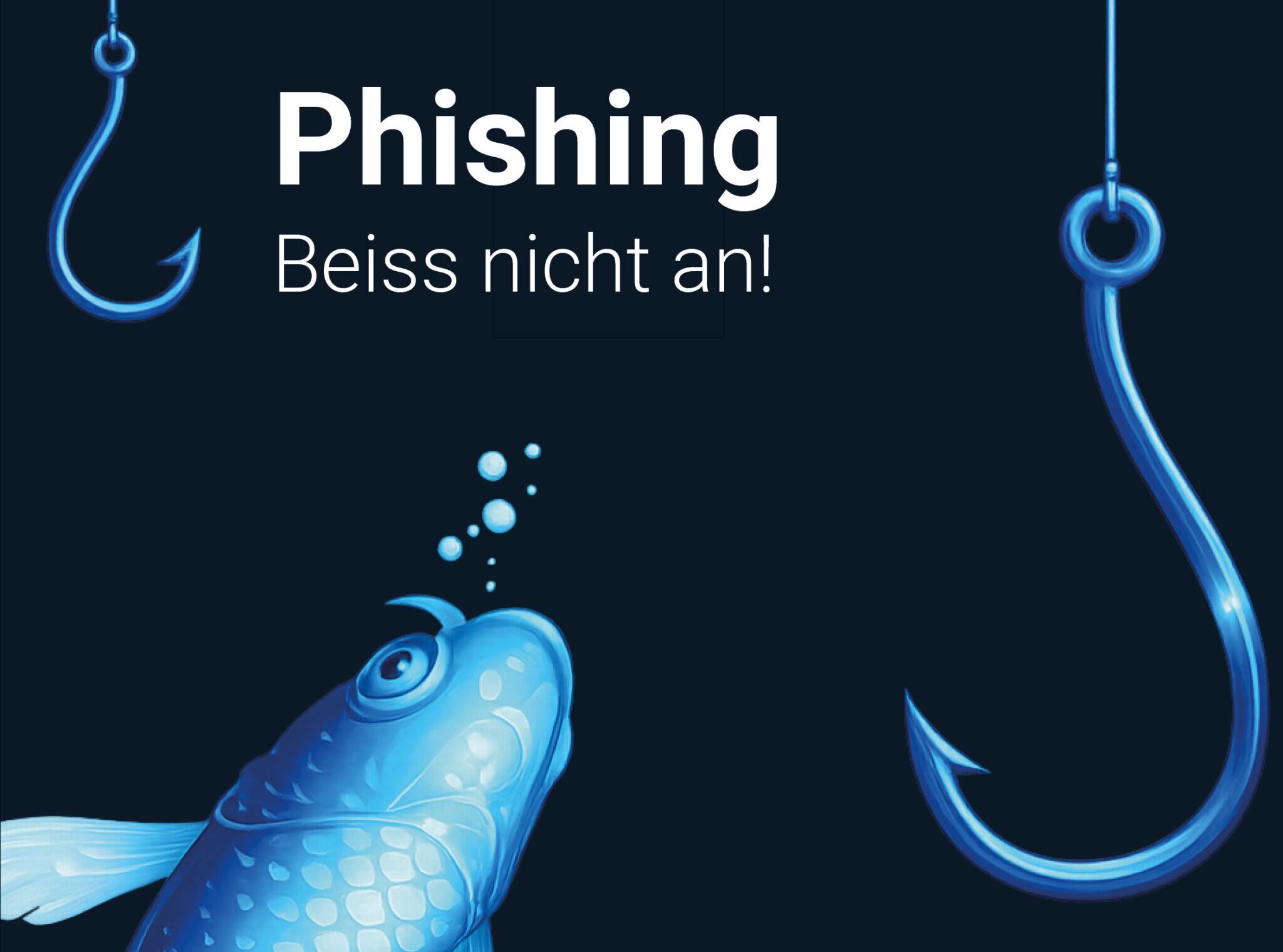Illustration eines Fisches, der nach einem Angelhaken greift – Symbol für Phishing-Angriffe und die Gefahr durch betrügerische E-Mails im Unternehmen.