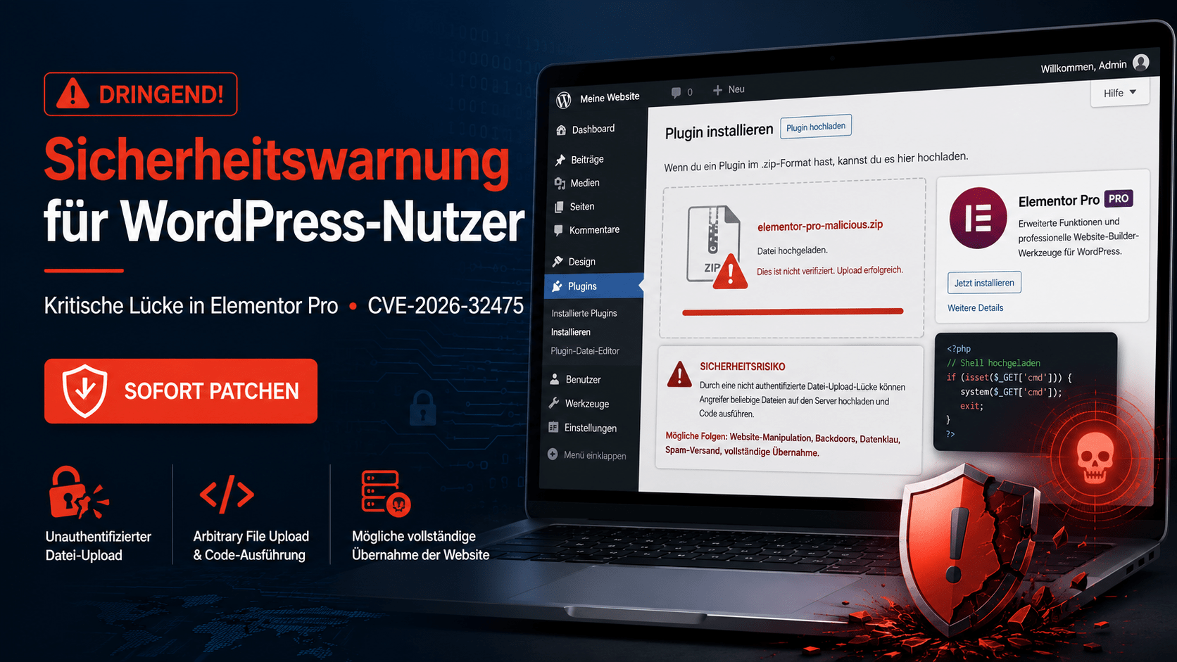 WordPress Elementor Warnung Sicherheitswarnung zu Elementor Pro: WordPress-Backend mit Warnsymbolen zur kritischen Lücke CVE-2026-32475.