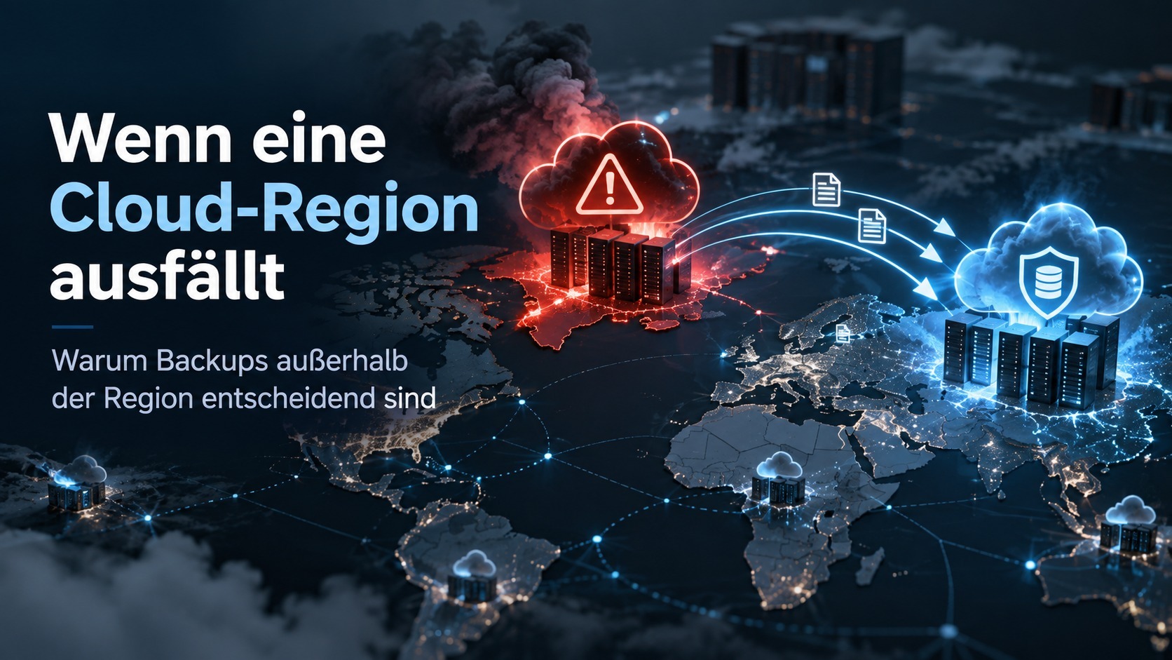Illustration eines Cloud-Region-Ausfalls mit Datenübertragung zu einer geografisch getrennten Backup-Region